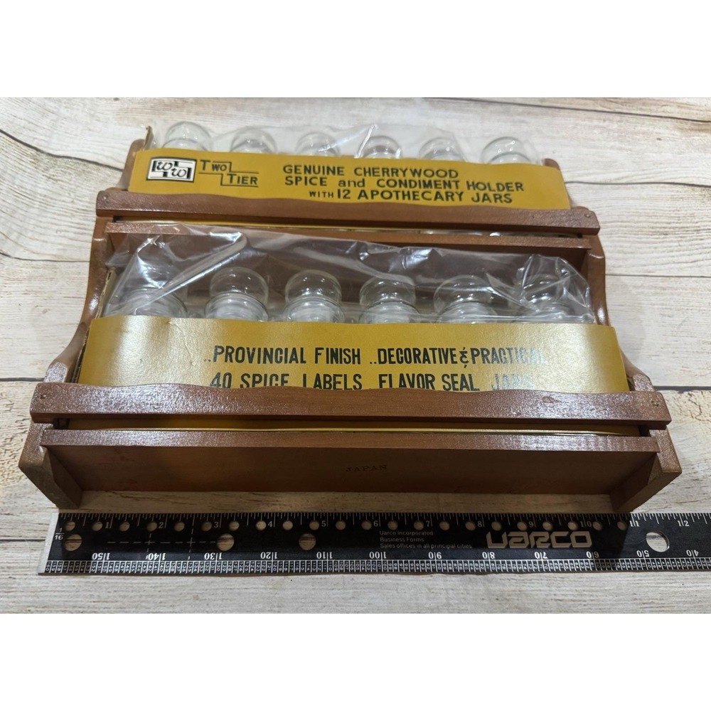MCM NOS Japan Wood Spice Rack 12 Apothecary Style Jars & Labels Mid Century Mod - Picture 5 of 6